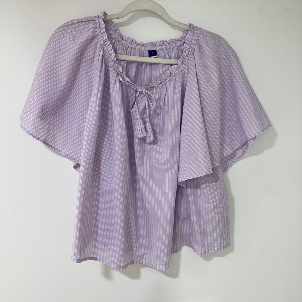 Old Navy Flutter Sleeve Striped Blouse Women L Purple Tassel Tie | Coastal Boho